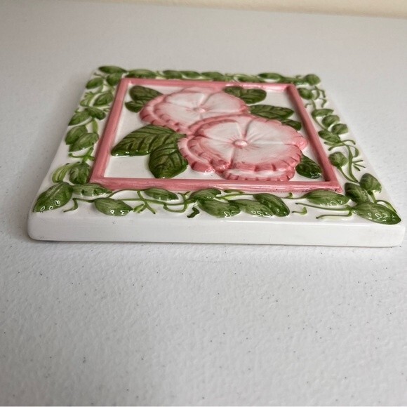 Vintage Treasure Craft Pink Green Floral Trivet Decor Wall Art Ceramic Tile - Picture 4 of 14